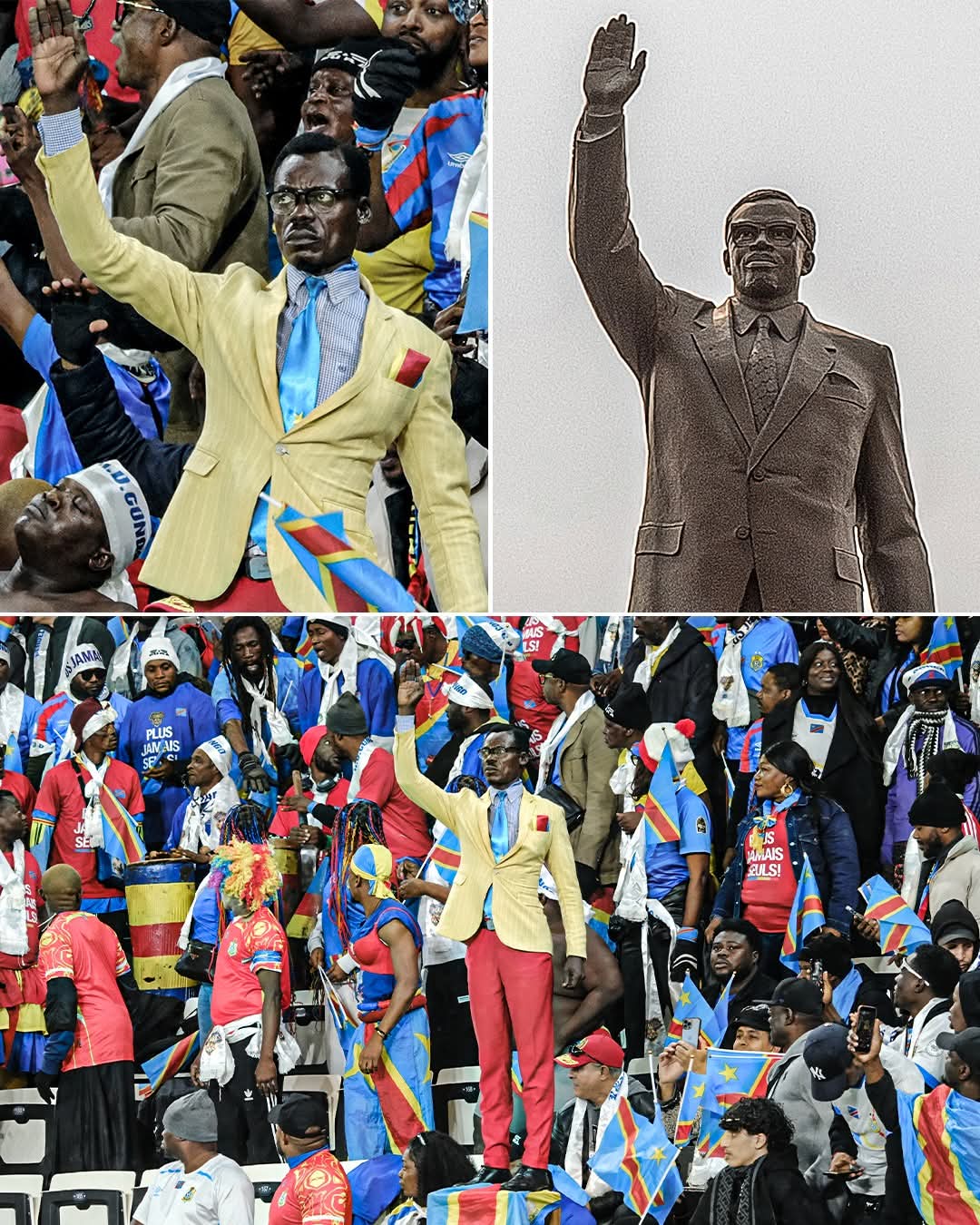 Lumumba Vea standing motionless in blue suit supporting DR Congo