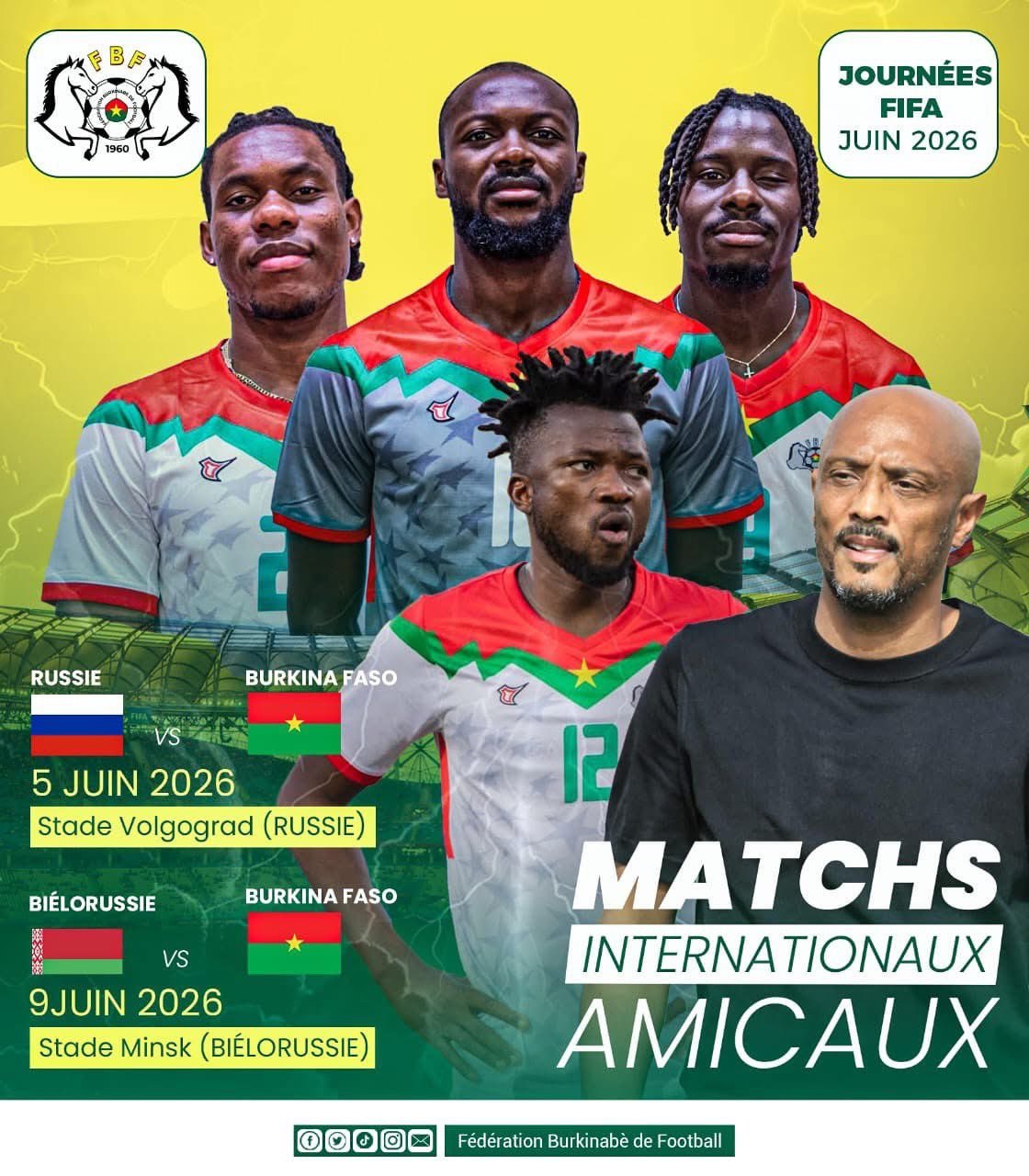 Burkina Faso football players in red-green jerseys with a coach, on a yellow poster for international friendlies against Russia in June 2026.