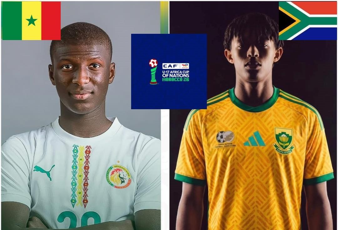 Split image of young footballers: Senegal (left) in white jersey and South Africa (right) in yellow kit, CAF U-17 Africa Cup of Nations logo in center, flags of Senegal and South Africa top corners. Split image of young footballers: Senegal (left) in white jersey and South Africa (right) in yellow kit, CAF U-17 Africa Cup of Nations logo in center, flags of Senegal and South Africa top corners.
