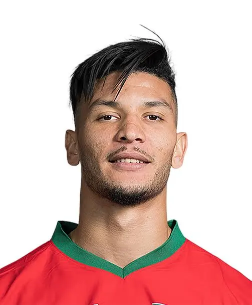 Close-up portrait of a man with dark hair in a red sports jersey, looking at the camera, neutral background.