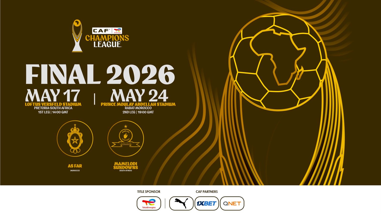 CAF Champions League Final 2026 banner showing dates May 17 and May 24 with venues Loftus Versfeld Stadium and Prince Moulay Abdellah Stadium (South Africa and Morocco). FAQ lines and logos are visible on the left; large gold football motif on the right. CAF Champions League Final 2026 banner showing dates May 17 and May 24 with venues Loftus Versfeld Stadium and Prince Moulay Abdellah Stadium (South Africa and Morocco). FAQ lines and logos are visible on the left; large gold football motif on the right.