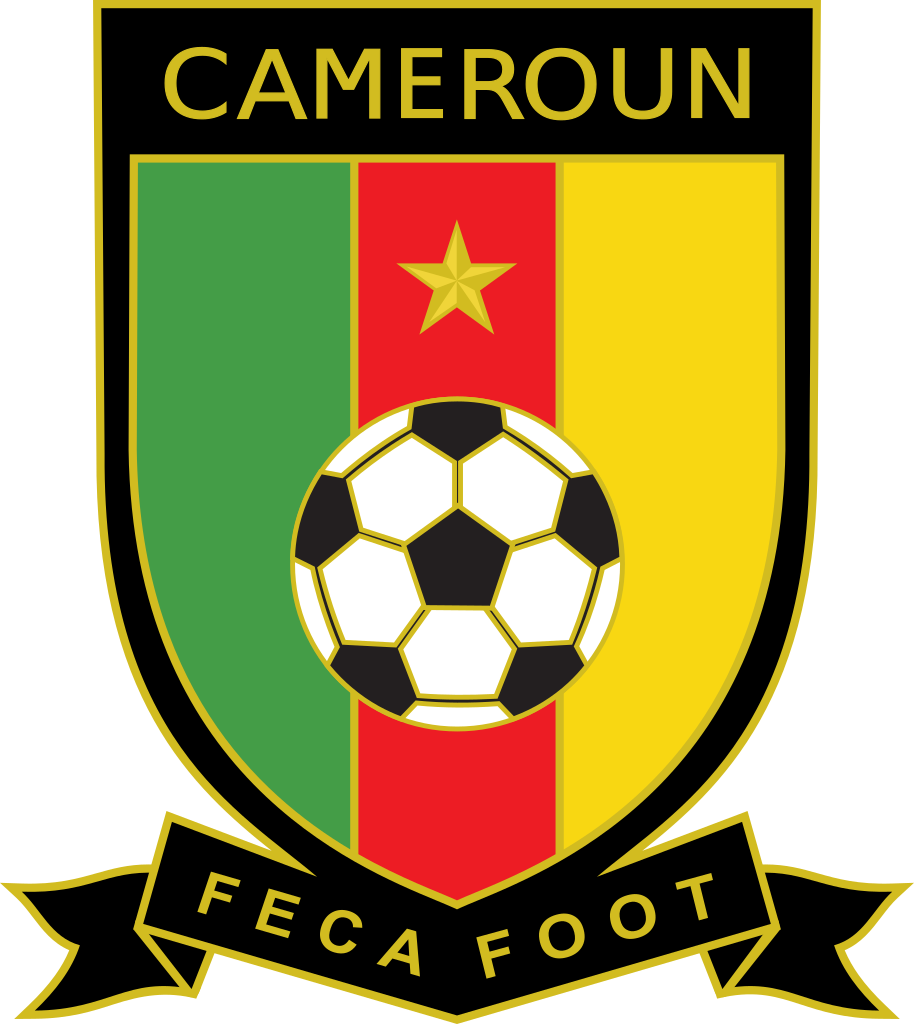 Emblem of FECAFOOT: shield with green, red, and yellow vertical stripes, gold border, central soccer ball, gold star above, and a ribbon reading FECAFOOT beneath. The word CAMEROUN is at the top.
