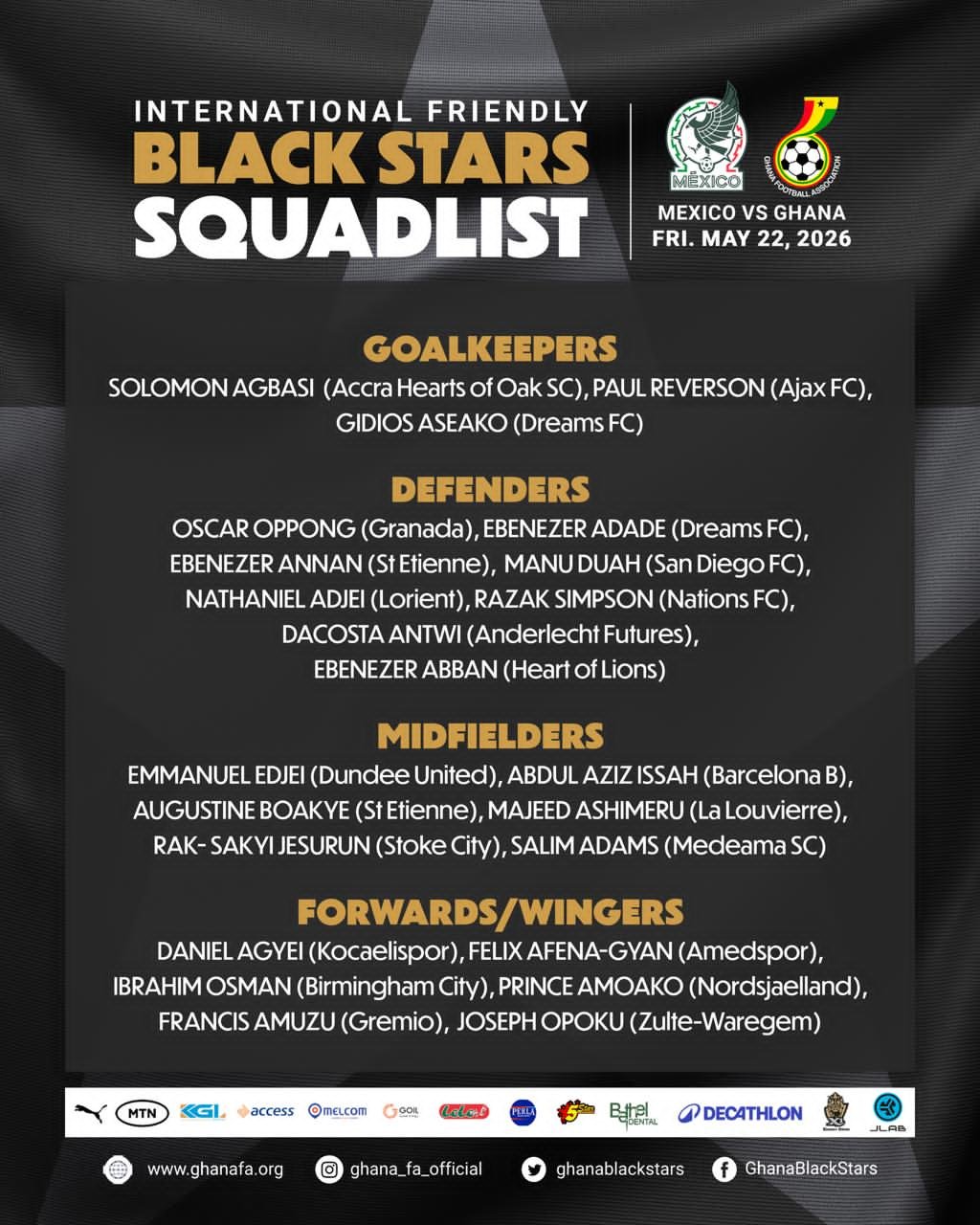 Poster listing the Ghana Black Stars squad for Mexico vs Ghana on May 22, 2026, with goalkeepers, defenders, midfielders, and forwards/wings. Poster listing the Ghana Black Stars squad for Mexico vs Ghana on May 22, 2026, with goalkeepers, defenders, midfielders, and forwards/wings.