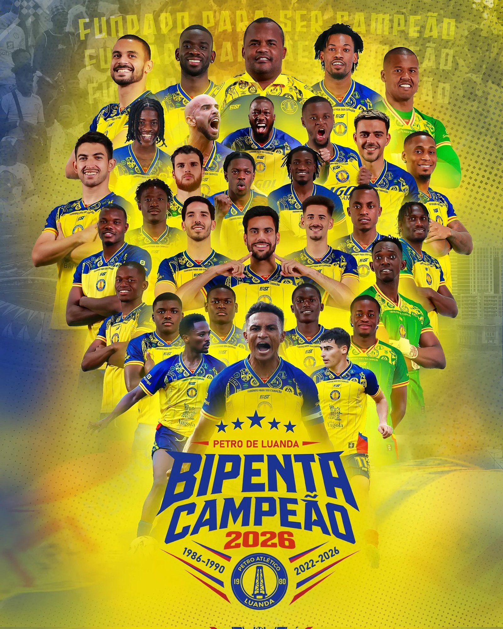 Collage of Petro de Luanda players in yellow and blue celebrating the 2026 championship, with the club crest in the center and a Campeão banner backdrop. Collage of Petro de Luanda players in yellow and blue celebrating the 2026 championship, with the club crest in the center and a Campeão banner backdrop.