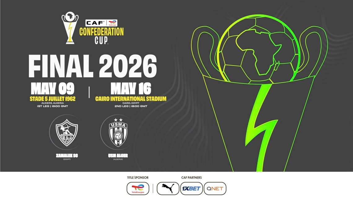 Poster for CAF Confederation Cup Final 2026 with a neon-green trophy on the right and bold 'FINAL 2026' text; dates May 9 (Algiers) and May 16 (Cairo).
