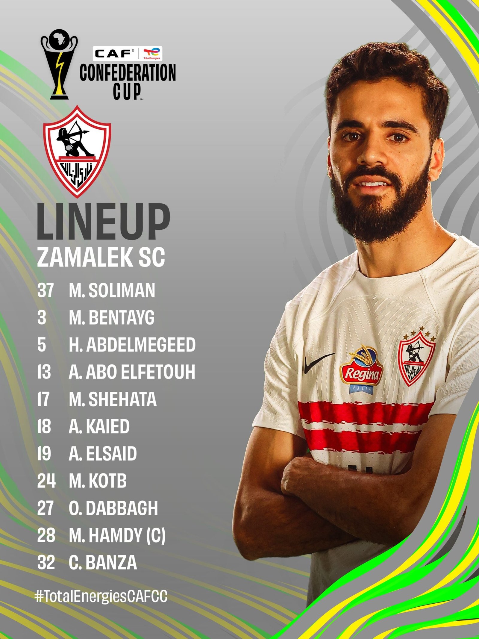 CAF Confederation Cup lineup poster with a left-aligned player list and a close-up player on the right against a gray, striped background with colorful arcs on the edges in a sports graphic style. CAF Confederation Cup lineup poster with a left-aligned player list and a close-up player on the right against a gray, striped background with colorful arcs on the edges in a sports graphic style.