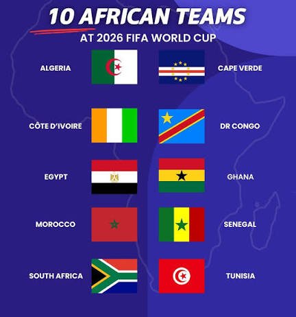Infographic listing 10 African teams for the 2026 FIFA World Cup with each team's flag: Algeria, Cape Verde, Côte d'Ivoire, DR Congo, Egypt, Ghana, Morocco, Senegal, South Africa, Tunisia