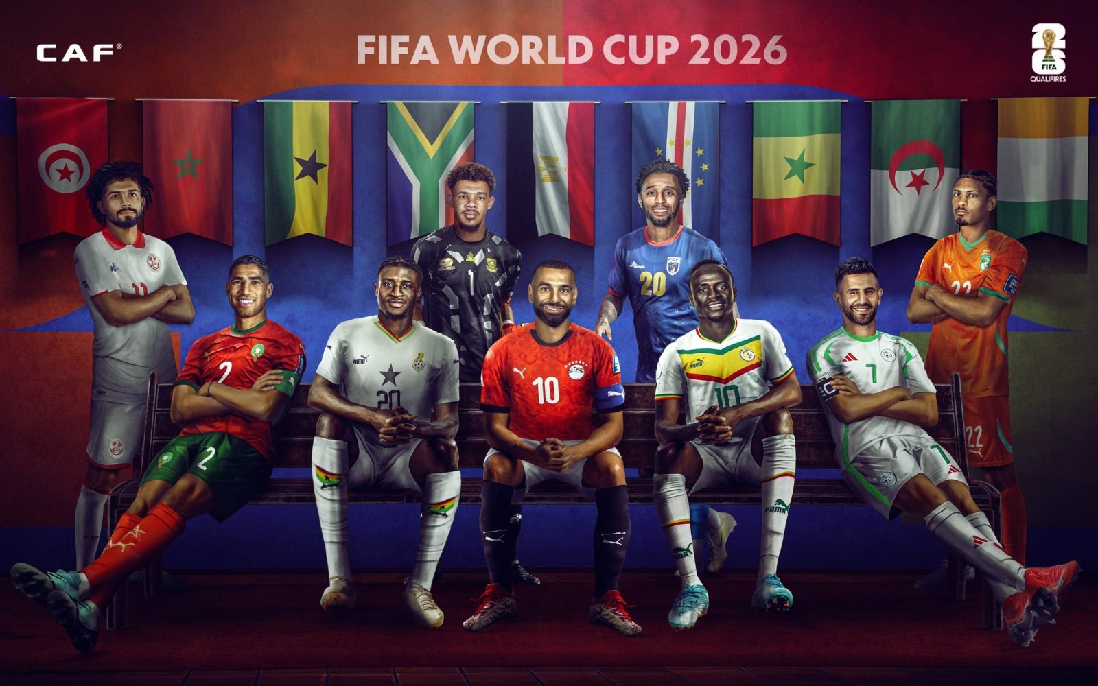 CAF players posing for FIFA World Cup 2026 promo image, seated on a bench with national flags behind them.