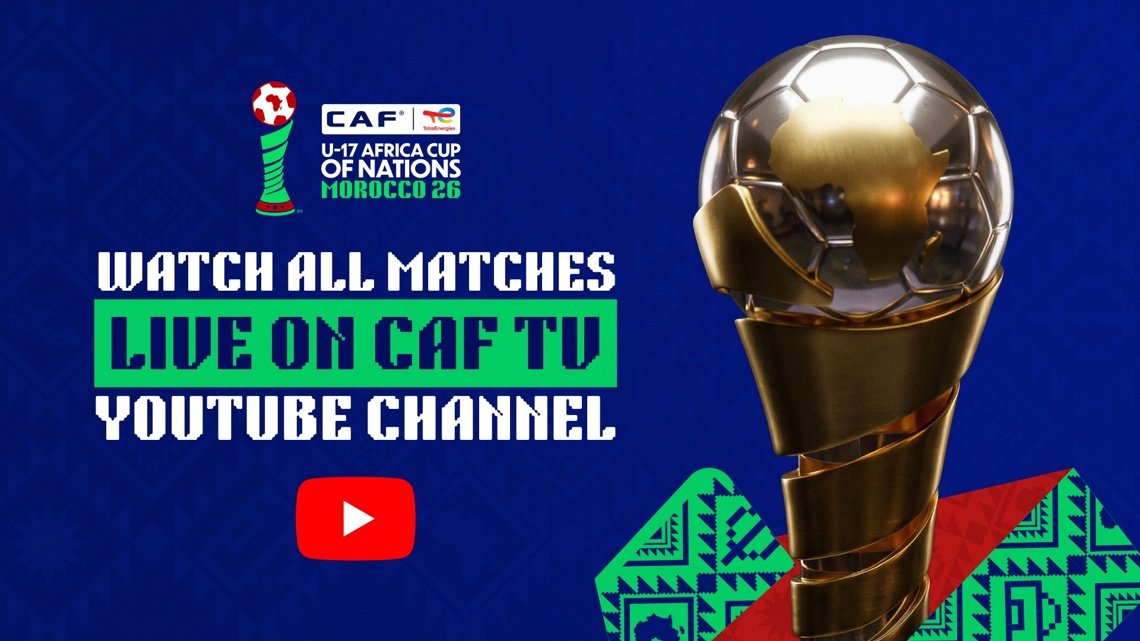 Promotional banner for CAF U-17 Africa Cup of Nations Morocco 2026 with a golden trophy and a YouTube play button; invites watching on CAF TV YouTube Channel. Promotional banner for CAF U-17 Africa Cup of Nations Morocco 2026 with a golden trophy and a YouTube play button; invites watching on CAF TV YouTube Channel.