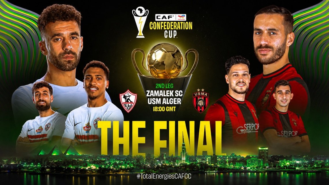 Promotional poster for CAF Confederation Cup final featuring players in white and red kits, central trophy, and bold THE FINAL text over a city skyline.
