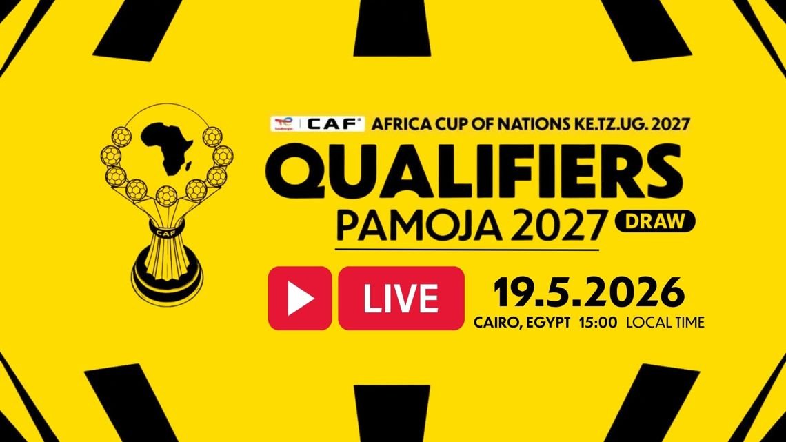 Promotional AFCON qualifiers poster on a yellow background, showing a trophy and bold text 'QUALIFIERS PAMOJA 2027' with 'LIVE 19.5.2026' and Cairo, Egypt details on the right.