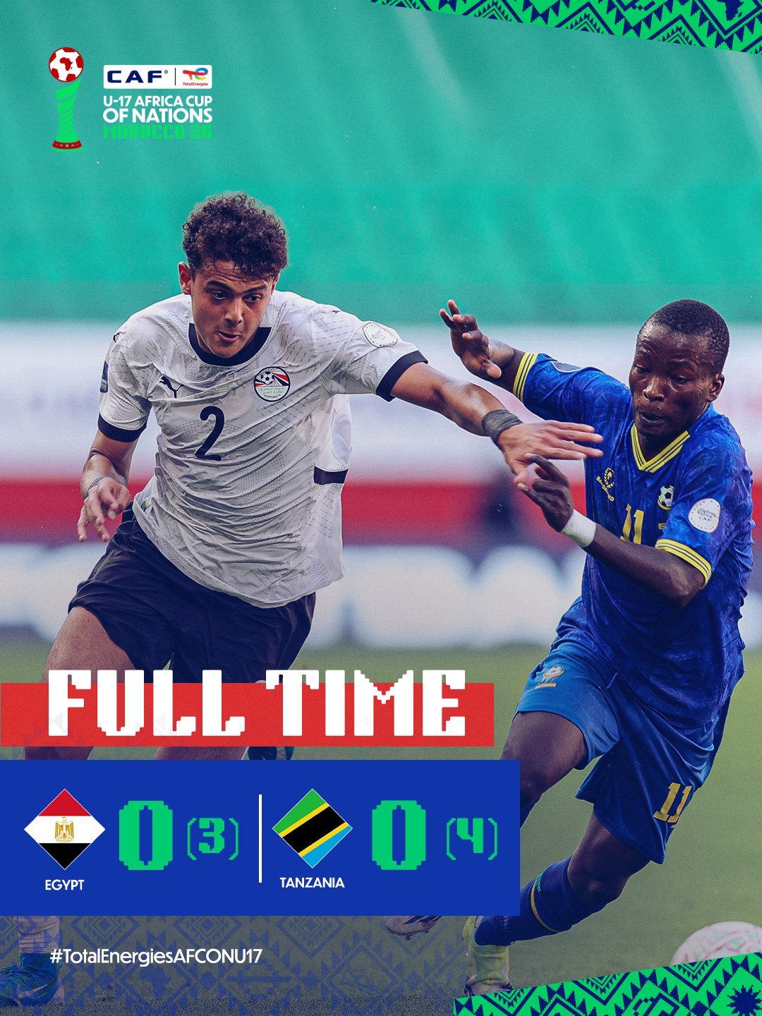 End-of-match graphic showing two players competing on the field; banner reads FULL TIME and the score shows Egypt 0 (3) – Tanzania 0 (4) with penalties.