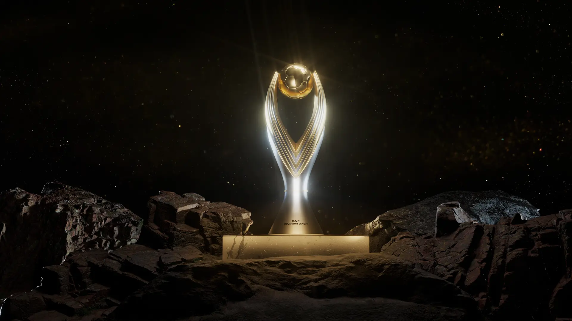 Golden CAF Champions League trophy on a pedestal in a rocky, lunar-like landscape at night. Golden CAF Champions League trophy on a pedestal in a rocky, lunar-like landscape at night.