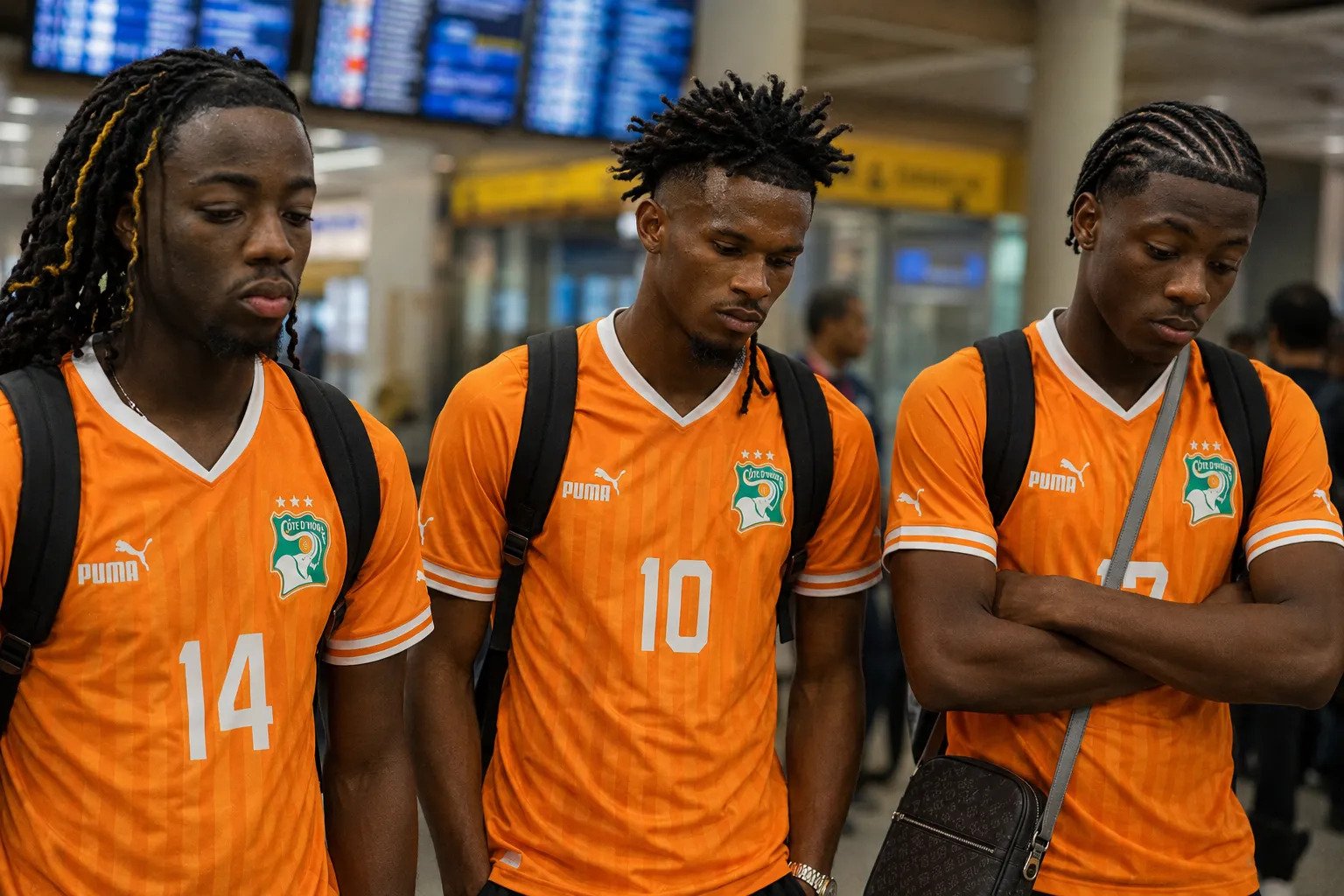 Three young men in orange soccer jerseys with backpacks, looking down in a busy indoor transit area; team crest and numbers visible.