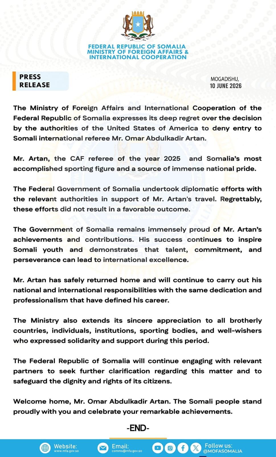 Official press release from Somalia's Ministry of Foreign Affairs and International Cooperation, Mogadishu, 10 June 2026, with national crest at top and blue footer icons. Official press release from Somalia's Ministry of Foreign Affairs and International Cooperation, Mogadishu, 10 June 2026, with national crest at top and blue footer icons.