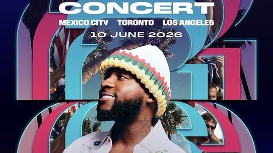 Concert poster: a man in a multicolored knit hat among bold geometric shapes, listing tour cities Mexico City, Toronto, Los Angeles and the date 16 June 2026.