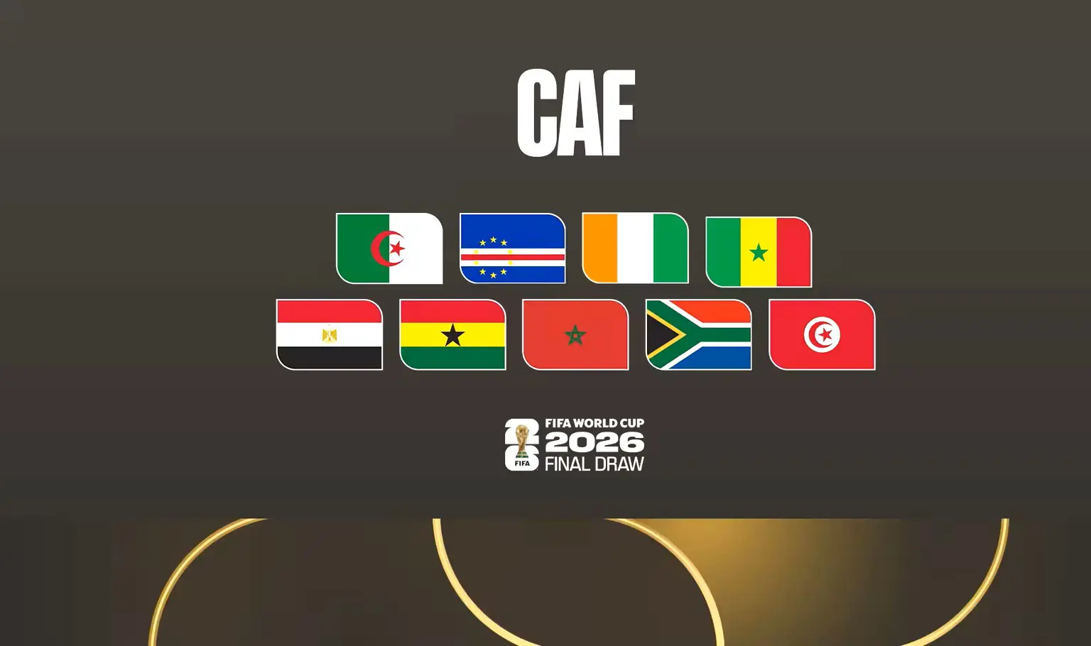 CAF branding with two rows of national flags representing participating countries, for the FIFA World Cup 2026 Final Draw logo below