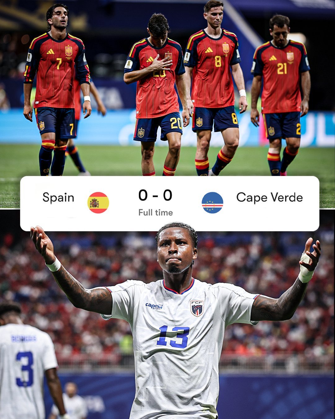 Spain players in red jerseys on the pitch with a centered 0–0 full-time scoreboard against Cape Verde.
