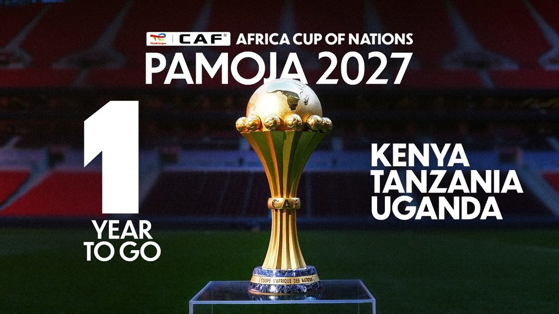 Countdown graphic for Africa Cup of Nations PAMOJA 2027: '1 Year to Go' with the trophy and country names Kenya, Tanzania, Uganda in the background Countdown graphic for Africa Cup of Nations PAMOJA 2027: '1 Year to Go' with the trophy and country names Kenya, Tanzania, Uganda in the background