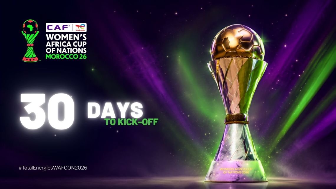 Countdown graphic: 30 days to kick-off for the Women's Africa Cup of Nations Morocco 2026 with trophy image and event logos on a dark colorful background. Countdown graphic: 30 days to kick-off for the Women's Africa Cup of Nations Morocco 2026 with trophy image and event logos on a dark colorful background.