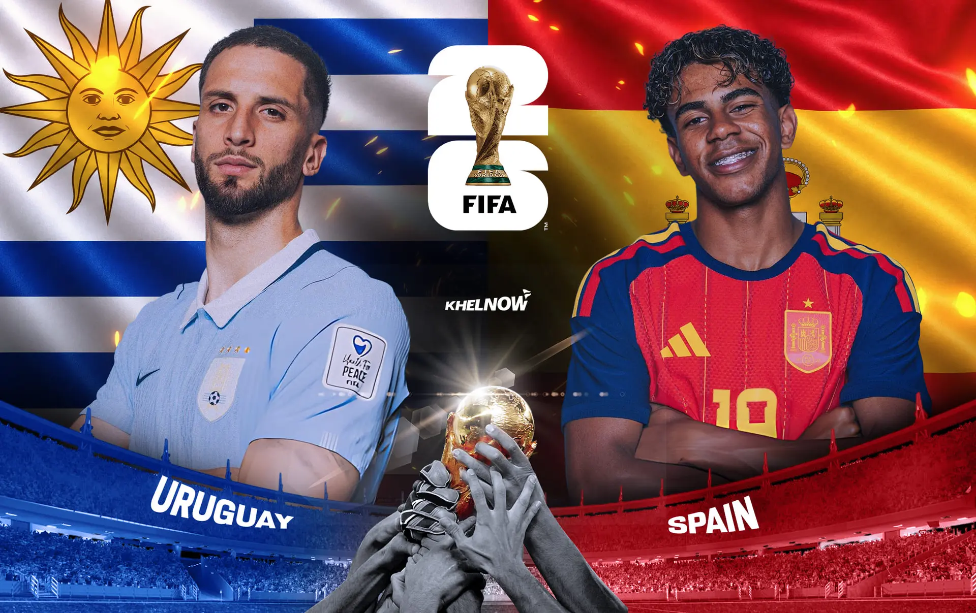 Two soccer players representing Uruguay and Spain stand before their national flags with a FIFA World Cup trophy between them. Two soccer players representing Uruguay and Spain stand before their national flags with a FIFA World Cup trophy between them.