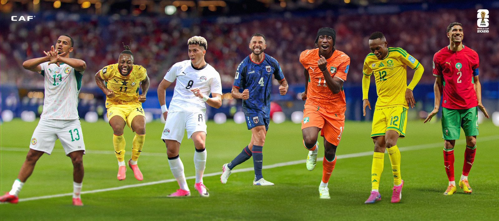 Group of soccer players running on a green pitch during a match, wearing diverse national team uniforms in a World Cup-style banner setting (FIFA World Cup 2026). Group of soccer players running on a green pitch during a match, wearing diverse national team uniforms in a World Cup-style banner setting (FIFA World Cup 2026).