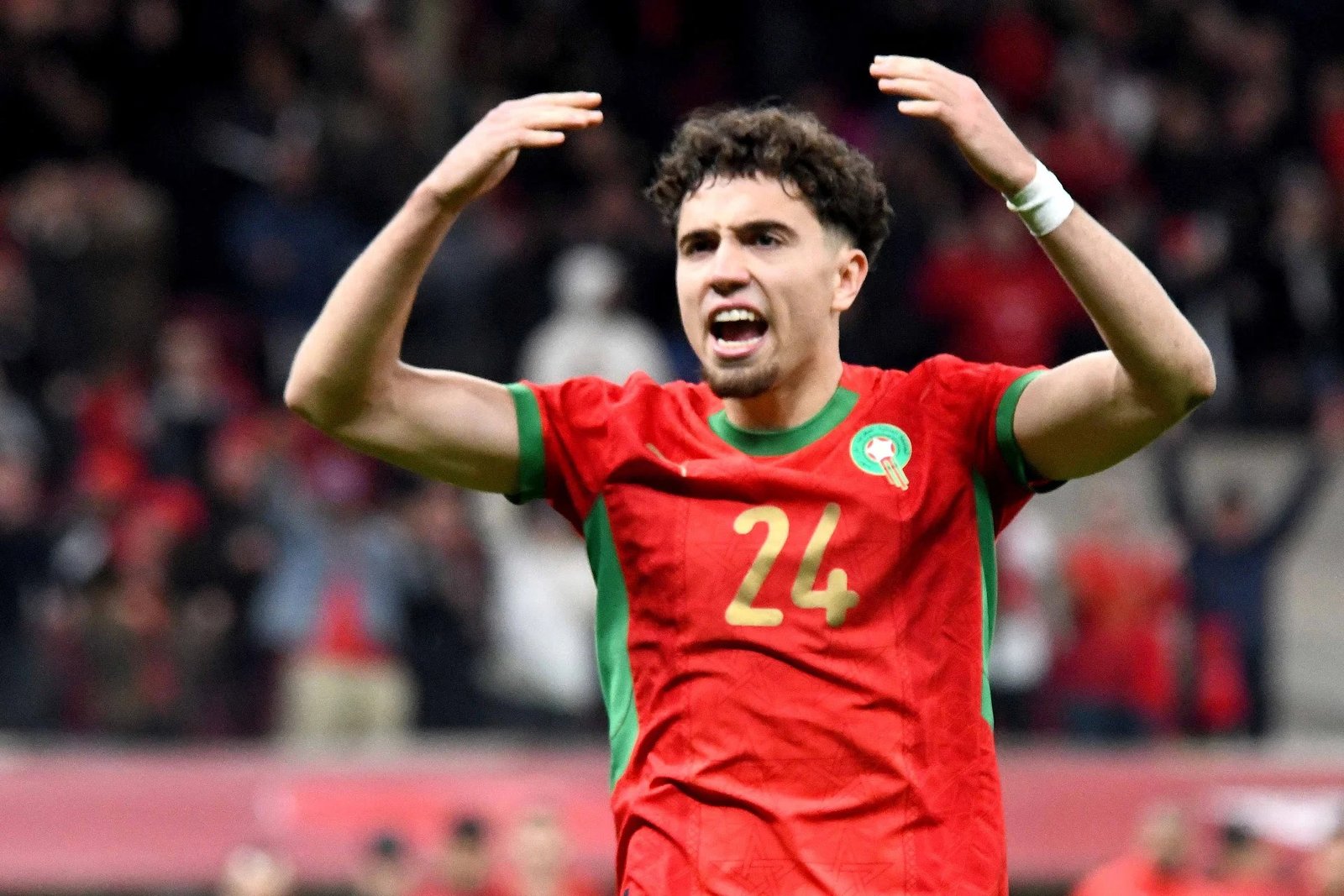 Soccer player in red and green jersey raises arms in celebration on the field. Soccer player in red and green jersey raises arms in celebration on the field.