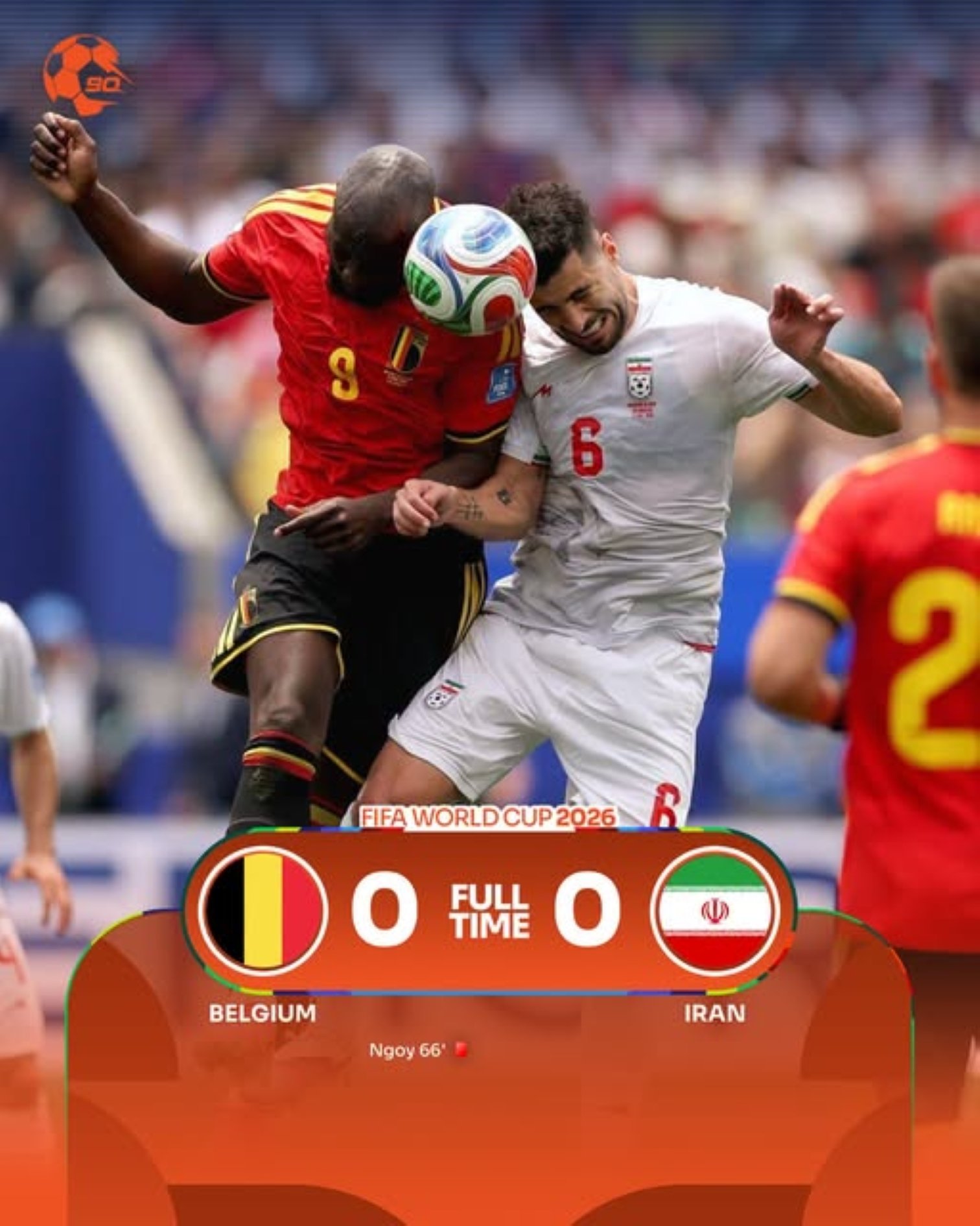 Two soccer players from Belgium (red) and Iran (white) battle for the ball in a World Cup 2026 match, score 0–0. Two soccer players from Belgium (red) and Iran (white) battle for the ball in a World Cup 2026 match, score 0–0.