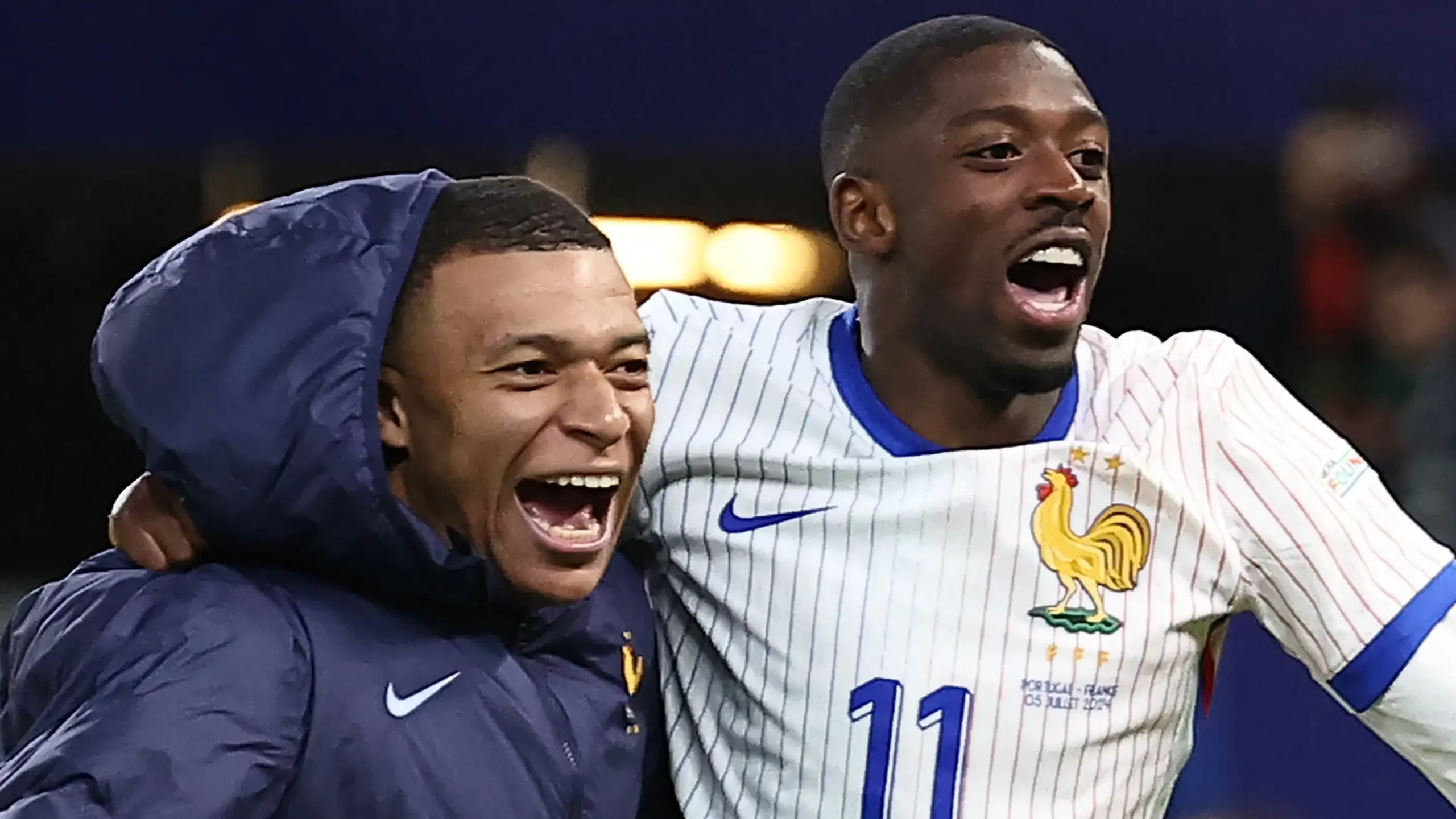 Two football players celebrate together, one in a blue jacket and the other in a white striped jersey with a rooster crest.