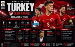 World Cup 2026 Turkey team profile poster featuring players in red jerseys and team crest, info blocks and a coach portrait on the right. World Cup 2026 Turkey team profile poster featuring players in red jerseys and team crest, info blocks and a coach portrait on the right.