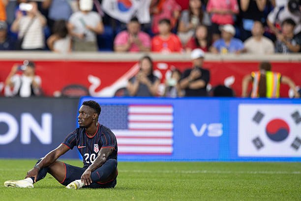 Soccer player in a dark USA jersey number 20 sits on the grass during a match, with flags and a USA-vs-banner in the stands behind him.
