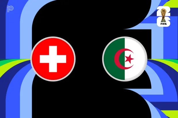 Abstract silhouette of a gamer with Swiss and Algerian flag eyes against a blue patterned background; FIFA logo in corner.