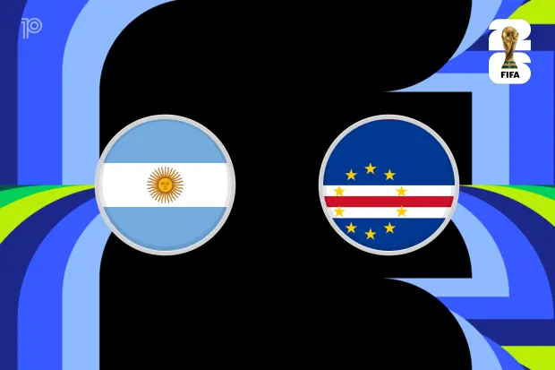 Abstract blue stage with two circular flag icons—Argentina on the left and Cape Verde on the right—peeking from a black silhouette; FIFA logo in the corner.