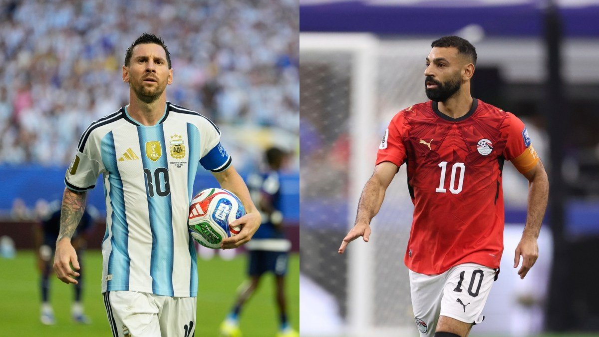 Split image showing two football stars: left is Lionel Messi in Argentina's light-blue striped kit holding a ball, right is Mohamed Salah in Egypt's red kit with number 10, mid-game.