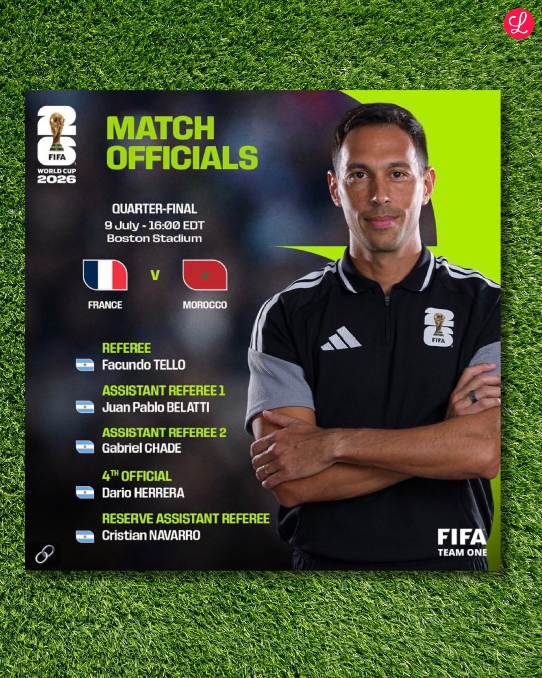 FIFA World Cup 2026 match officials poster with Referee Facundo Tello and assistants listed, plus logos and branding.