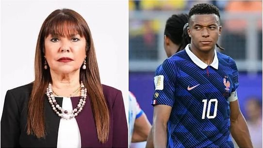 Side-by-side: a woman in a blazer and pearls on the left, and a male soccer player in a blue France jersey with number 10 on the right. Side-by-side: a woman in a blazer and pearls on the left, and a male soccer player in a blue France jersey with number 10 on the right.