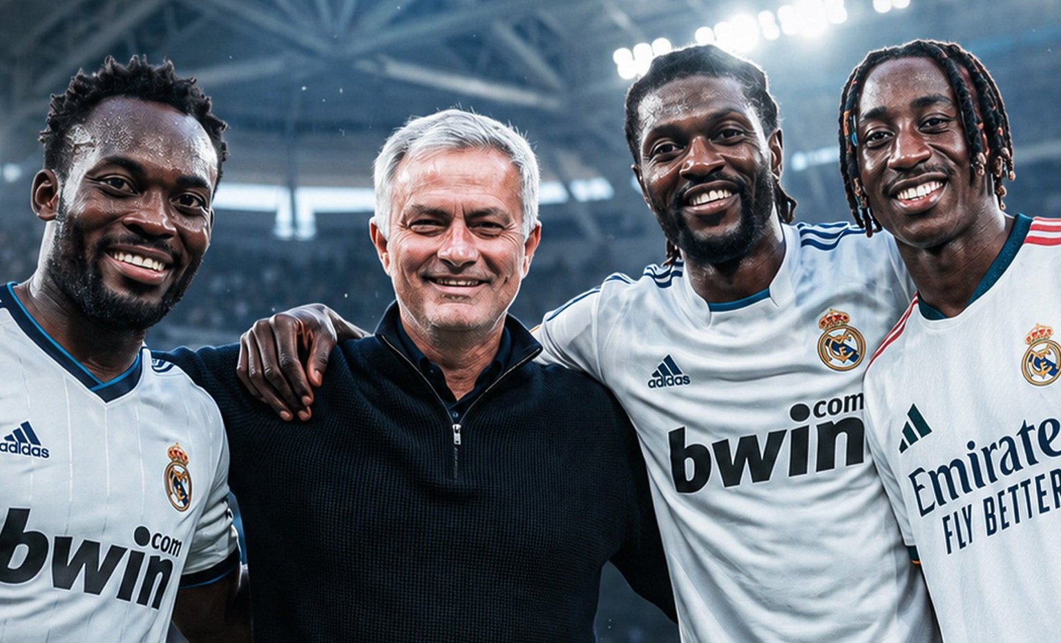 Four people—Real Madrid players and a coach—smiling with their arms around each other in a stadium. Four people—Real Madrid players and a coach—smiling with their arms around each other in a stadium. Four people—Real Madrid players and a coach—smiling with their arms around each other in a stadium. Four people—Real Madrid players and a coach—smiling with their arms around each other in a stadium.