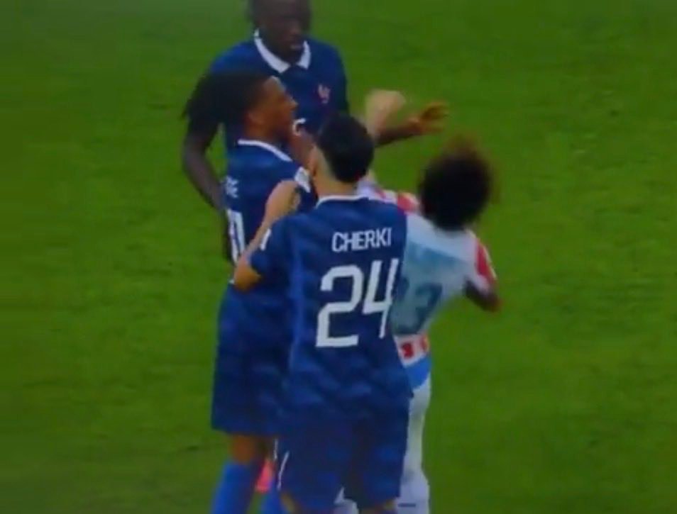 Group of football players in blue celebrate on a green pitch, with Cherki number 24 visible from the back.