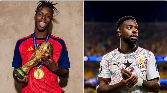 Two soccer players shown side by side: left holds a gold trophy and wears a red/blue kit with a medal; right claps in a white patterned jersey on a field.