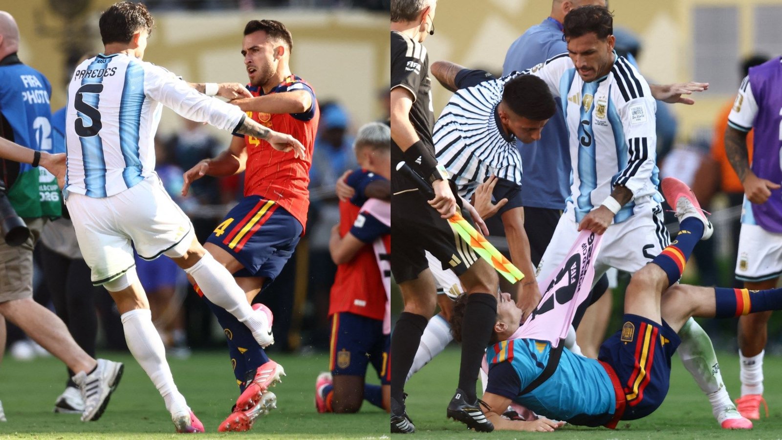 Two soccer players clash for the ball in a split-screen frame: one in blue‑and‑white Argentina kit and the other in red with yellow trim on a grassy field.