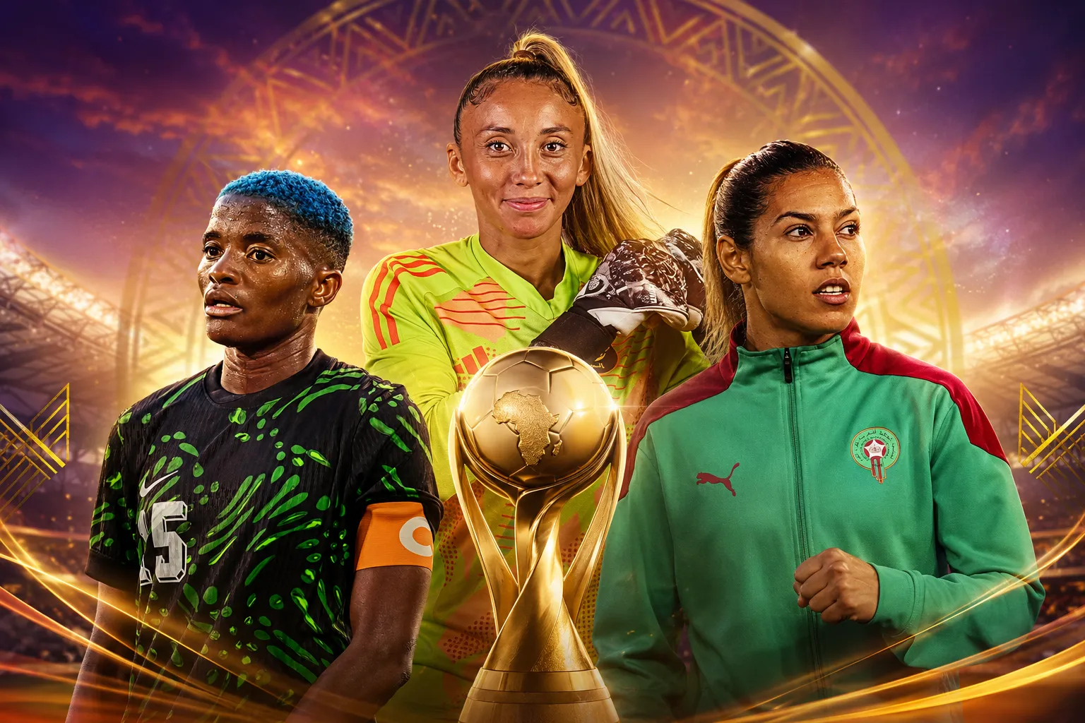 Three female soccer players pose with a golden trophy ball against a vibrant stadium backdrop.
