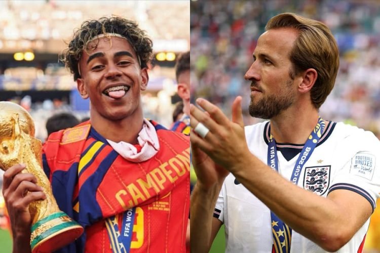Split image of two football players celebrating: left in a red‑blue champion jersey holding a gold trophy with tongue out; right in a white England kit with a medal, clapping. Split image of two football players celebrating: left in a red‑blue champion jersey holding a gold trophy with tongue out; right in a white England kit with a medal, clapping.