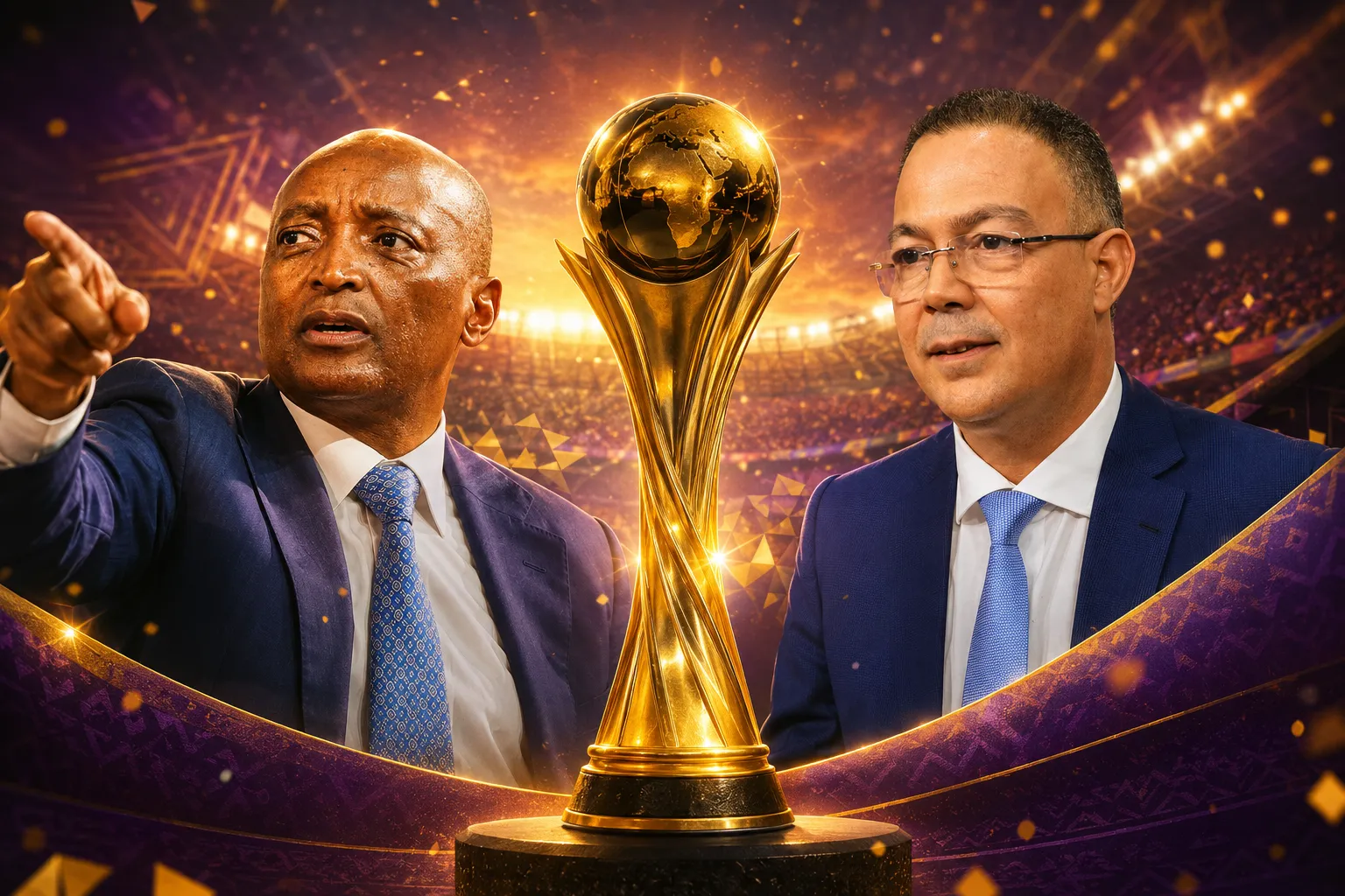 Two businessmen in suits stand beside a golden trophy on a dark purple stage, stadium lights shining in the background, signaling an awards ceremony.