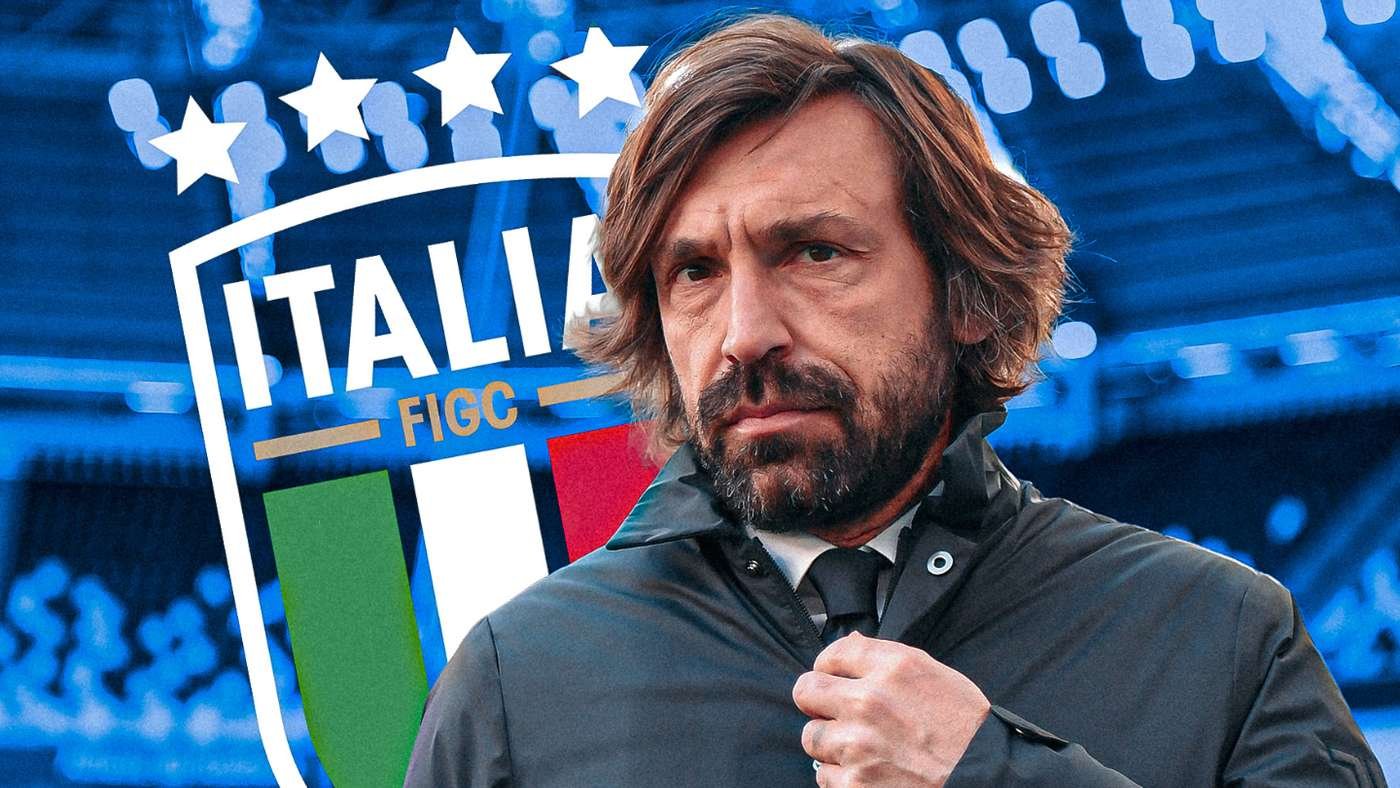 Man in a dark jacket adjusts his coat in front of the Italian national football team emblem (FIGC) amid a blue stadium backdrop.
