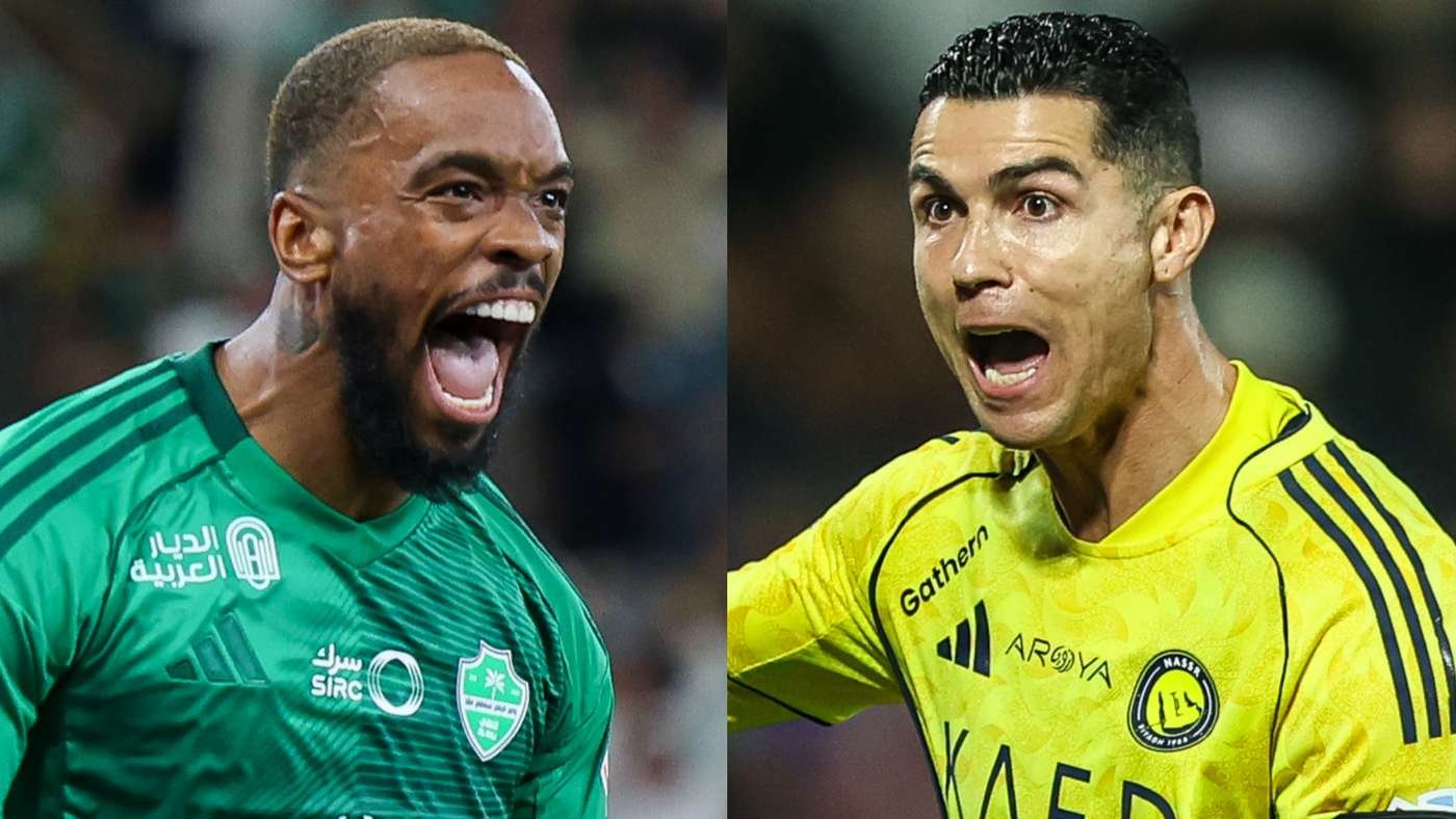 Two male soccer players, one in a green kit on the left and one in a yellow kit on the right, both shouting with mouths open as if celebrating or arguing. Two male soccer players, one in a green kit on the left and one in a yellow kit on the right, both shouting with mouths open as if celebrating or arguing.