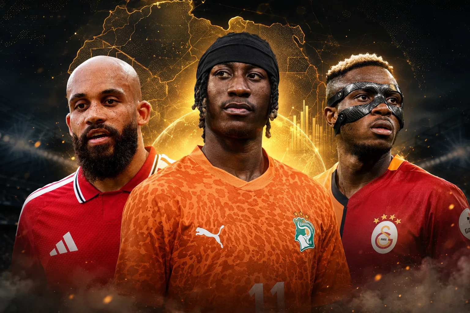 Three soccer players in red and orange jerseys stand against a glowing gold backdrop, symbolizing a sports spotlight on elite football talent.