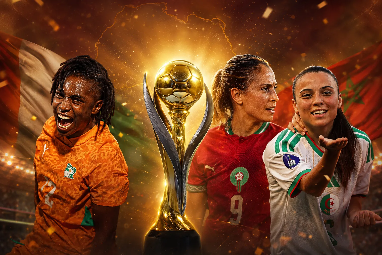 Three female soccer players surround a glowing golden trophy, celebrating on a stadium stage with flags in the background. Three female soccer players surround a glowing golden trophy, celebrating on a stadium stage with flags in the background.