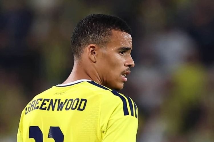 Back view of a soccer player in a bright yellow jersey with the name 'GREENWOOD' and number 11, on a blurred stadium field. Back view of a soccer player in a bright yellow jersey with the name 'GREENWOOD' and number 11, on a blurred stadium field.