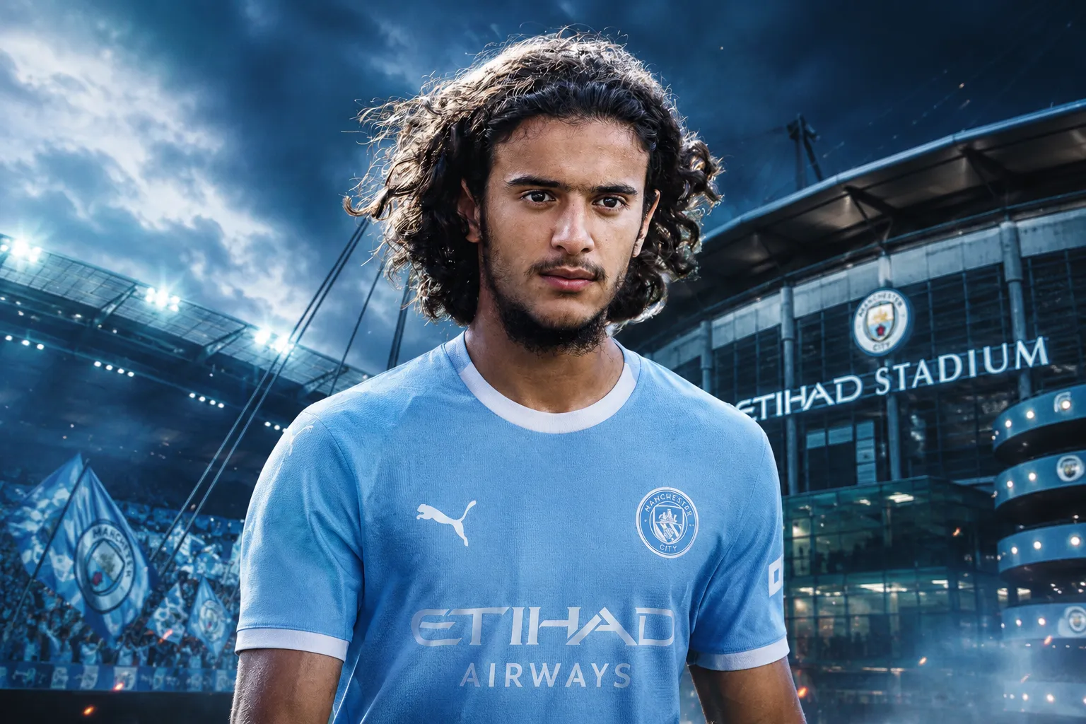 Young man with long curly hair wearing Manchester City jersey stands in front of Etihad Stadium, a stormy sky overhead. Young man with long curly hair wearing Manchester City jersey stands in front of Etihad Stadium, a stormy sky overhead.