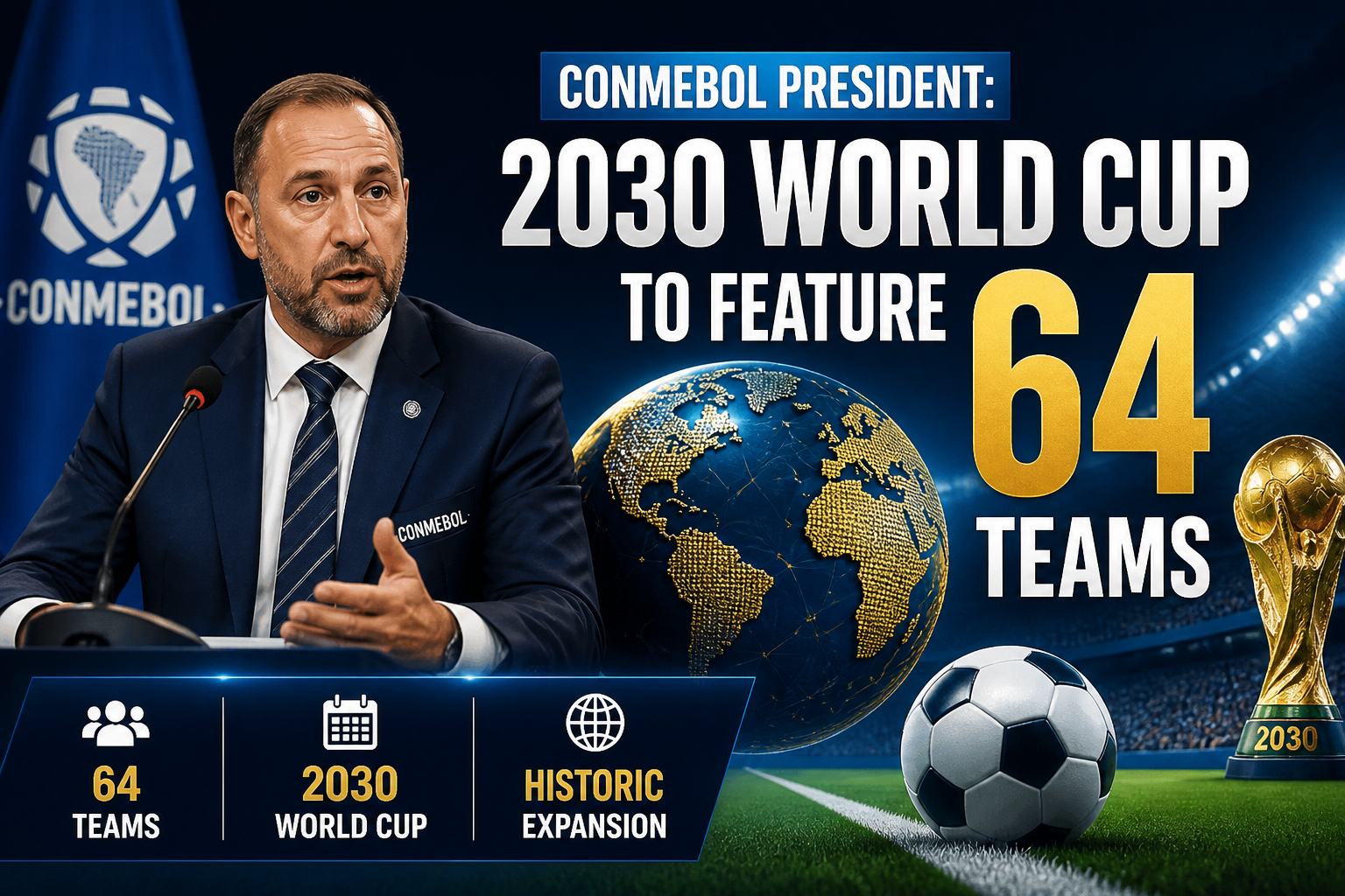 Speaker at a press conference beside a globe and a bold banner: '2030 World Cup to feature 64 teams'. Speaker at a press conference beside a globe and a bold banner: '2030 World Cup to feature 64 teams'.